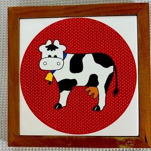 Vintage made in Taiwan cow, trivet, set in wooden frame, red and white